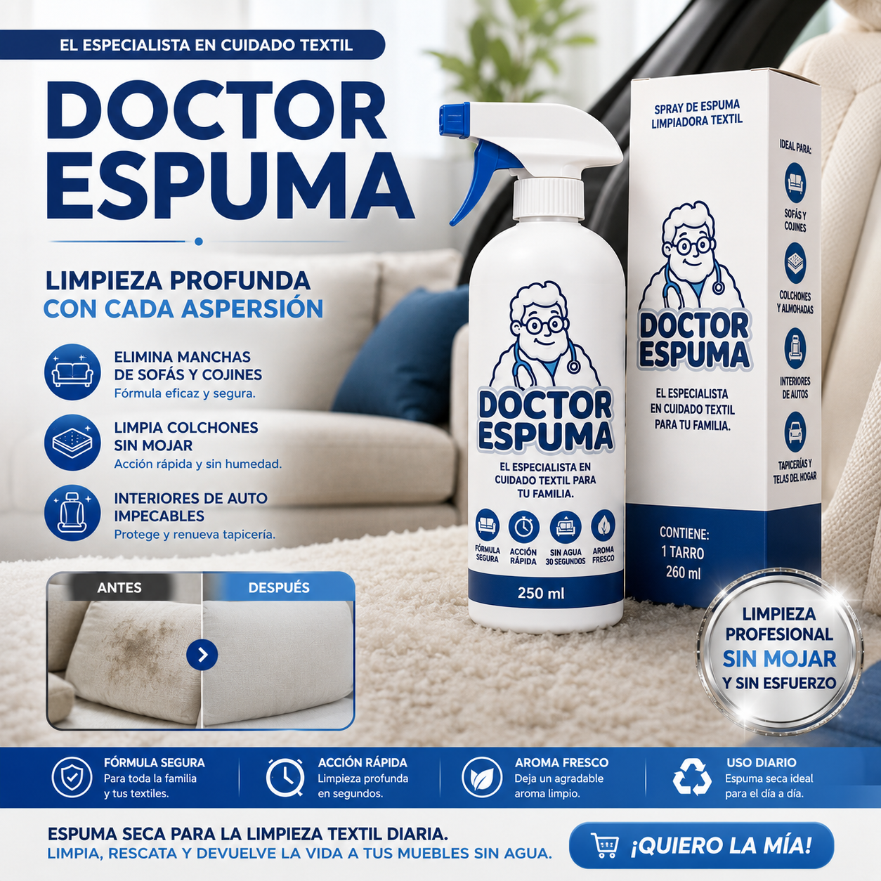 DR ESPUMA™| ESPUMA PROFESIONAL LIMPIADORA DE SOFAS, COLCHONES Y TAPICERIA, 100% EFECTIVO