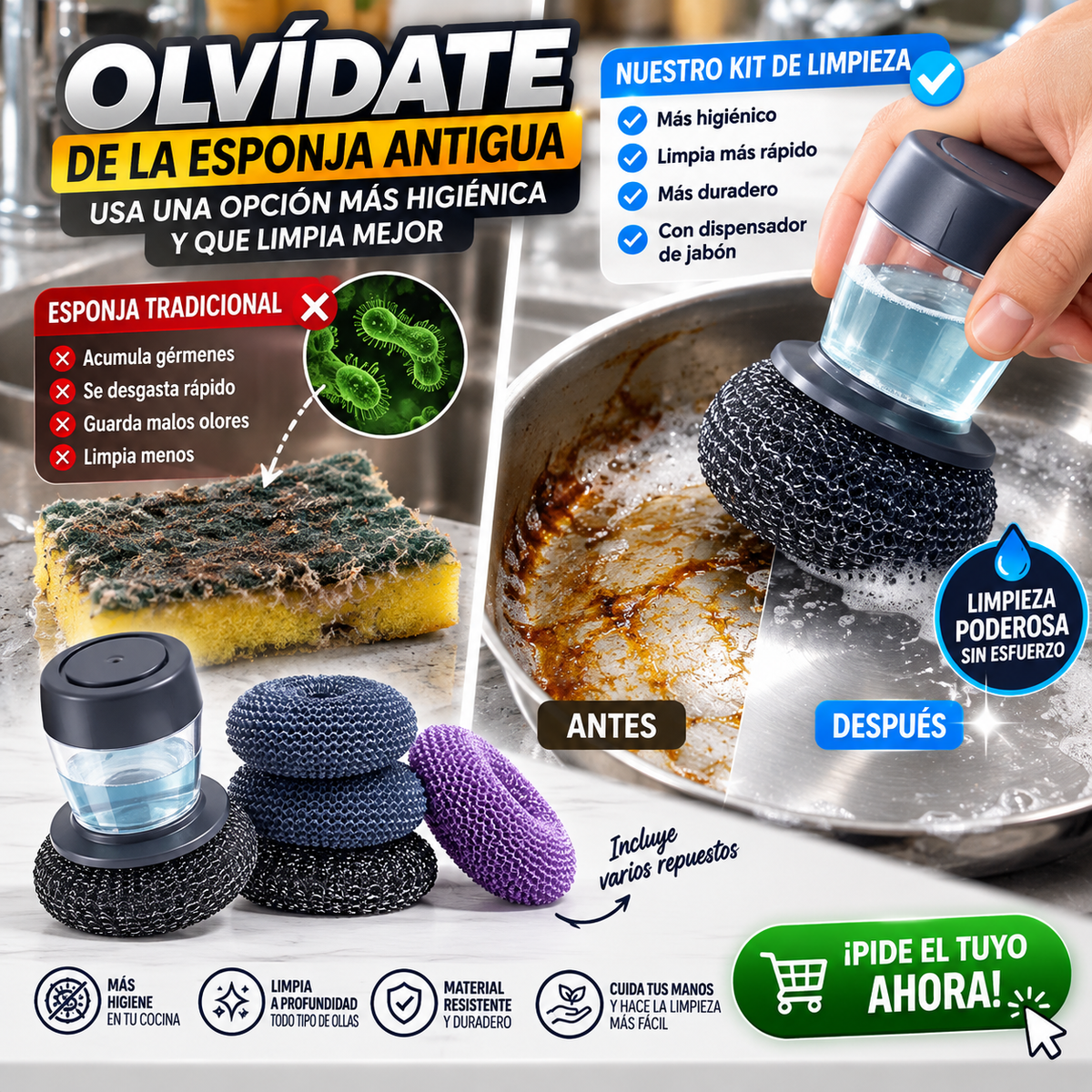 FrotaCero| Kit de 3 Cepiillos de limpieza - Adios esponja, Adios bacterias