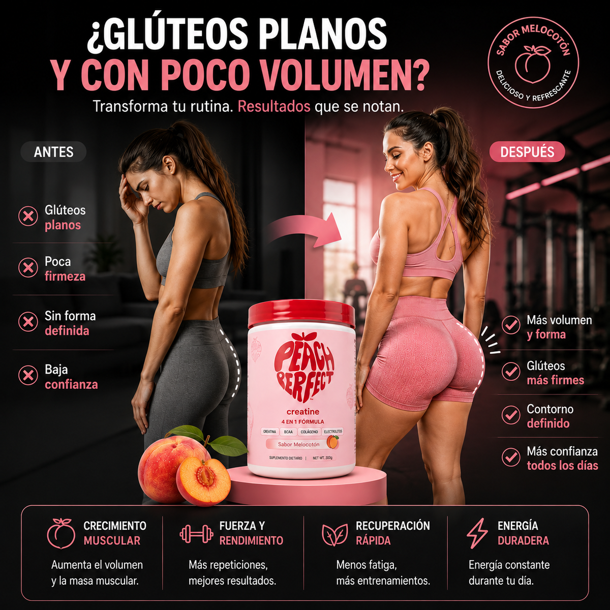 PEACH PRO | CREATINA AUMENTA GLUTEOS Y RECUPERA1 ENERGIA 100% EFECTIVO